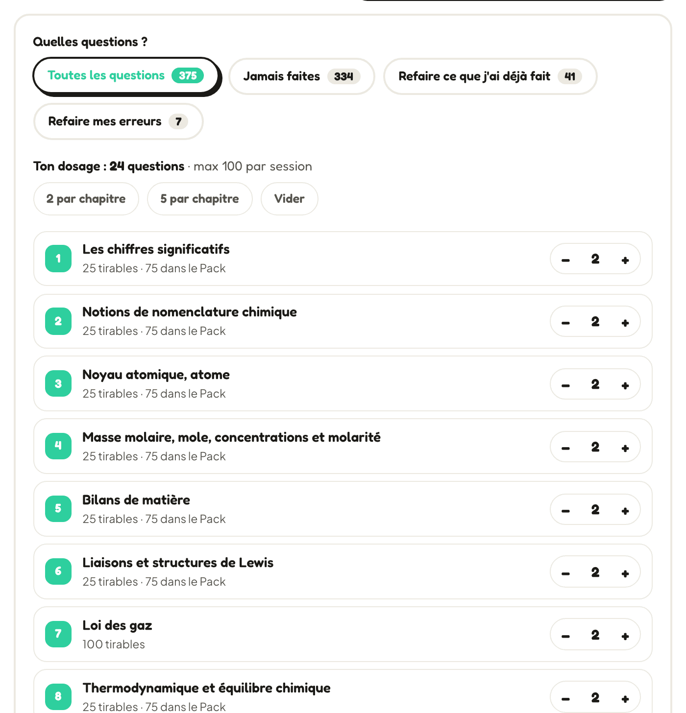 Le configurateur du moteur de QCM : dosage chapitre par chapitre et pools de questions